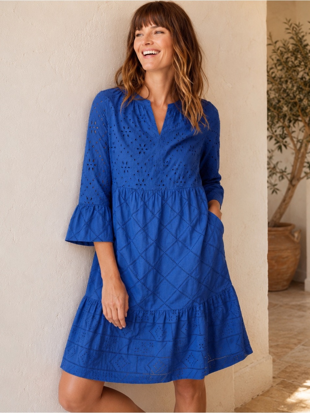 J. Jill Blue Eyelet Embroidered Tiered Cotton Dress Size L